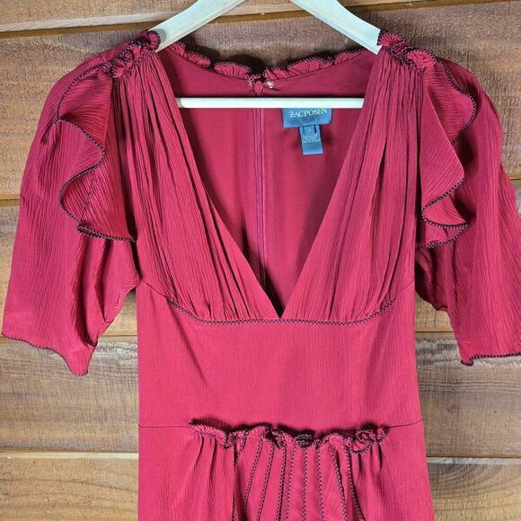 Zac Posen Womens Red Silk Ruffled Midi Dress 2 Milkmaid Feminine High Low - Picture 5 of 12